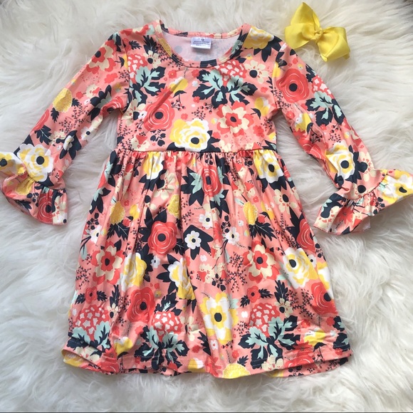 Other - Coral ant Navy Yellow Florals Bell Sleeve Dress